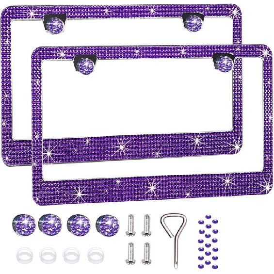 2 Pack License Plate Frames For Women, Sparkly Rhinestone Diamond Car Accessories With Glitter Crystal Caps (Purple (2PCS))