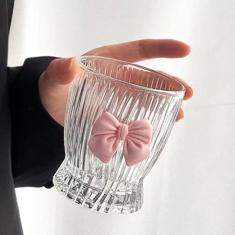 Nordic Style Court Goblet Niche Design Bow Decoration Glass Simple Household Whisky Glass Beverage Juice Dessert Cup Drinkware