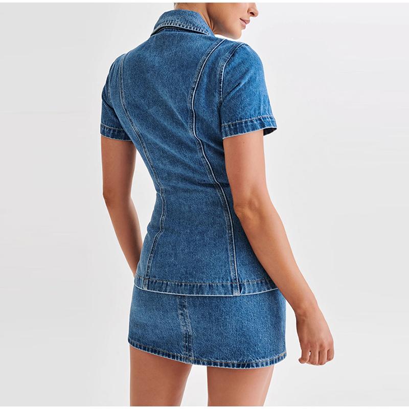 Women Single-breasted Splice Short Sleeve Jackets Slim Fit Denim Two Piece Sets Straight Wrap Hip Ultra Short Skirt Female Suits
