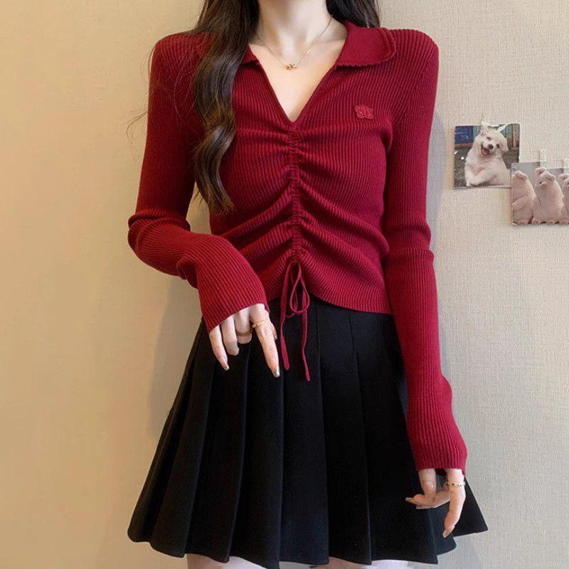

Women s Retro Red V-neck Drawstring Knitted Sweater - Autumn/Winter 2025 Fashion Slimming Top One Size