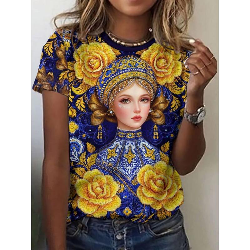 Russian Girl T-Shirts Floral 3D Print Summer Women Casual Round Neck Short Sleeve T Shirt Tees Harajuku Y2K Tops Female Clothing