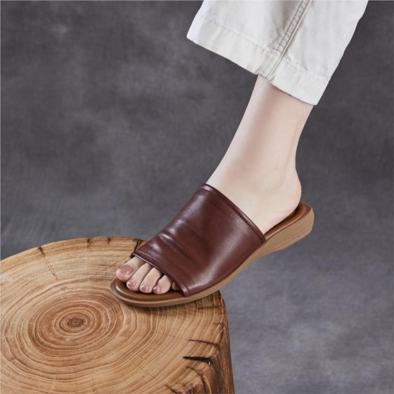 Johnature Retro Outerwear Slippers Genuine Leather Soft Soled Peep Toed Flat Women's Slides