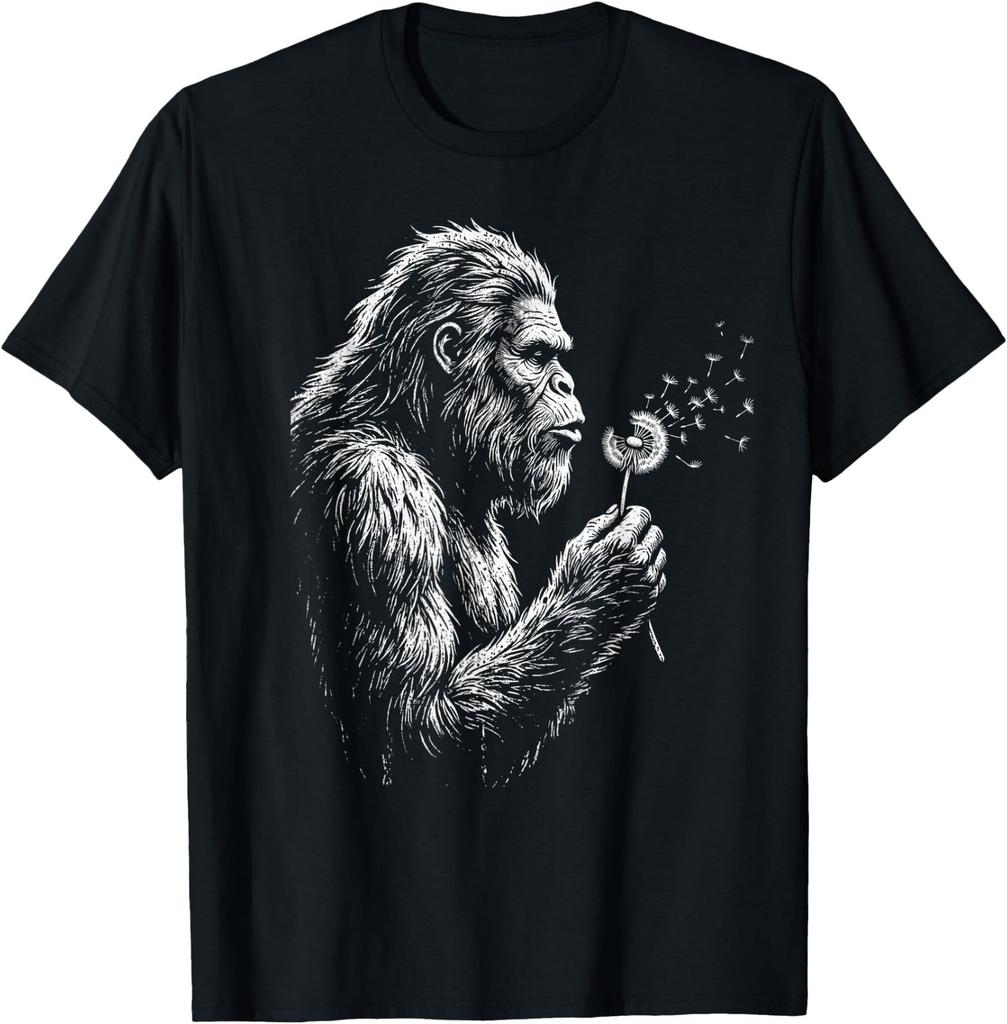 Bigfoot Blowing Wishes Dandelion Vintage Sasquatch Art T-Shirt