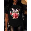 Women Floral Butterfly Print T-Shirt Pink Rose Leaf Round Neck Short Sleeve Spring Summer Comfort Machine Washable Casual Top