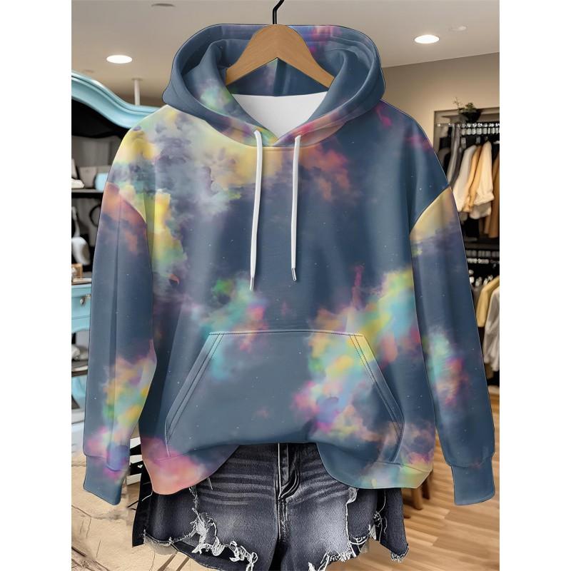 Womens Relaxed Fit Hooded Long Sleeve Sweatshirt With 3D Floral Plaid Print Breathable Comfort Casual Top