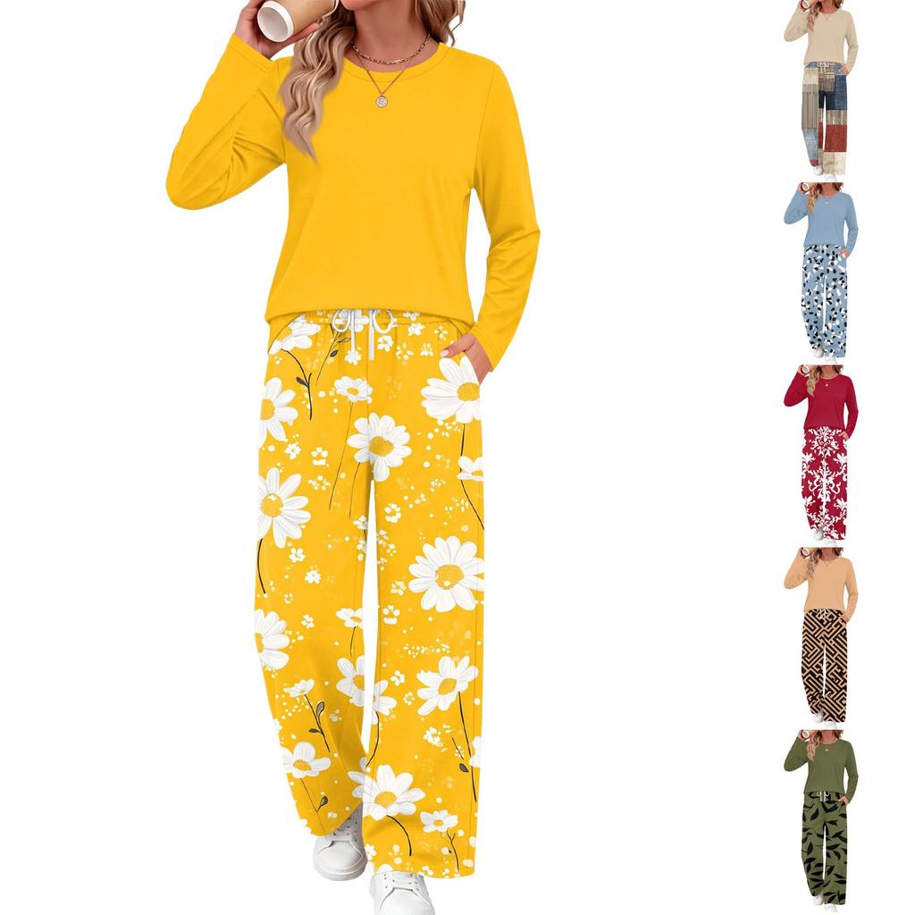 Women's Casual Printed Long Sleeve Round Neck Loose Fit Pajama Set with Pockets for Home Wear
