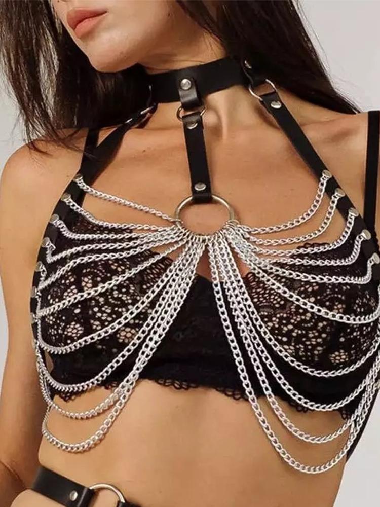 Fashion Women Body Harness Sexy Leather Lingerie with Chain Bra Bondage Suspender Harness Fetish Goth Exotic Clothing Accessorie