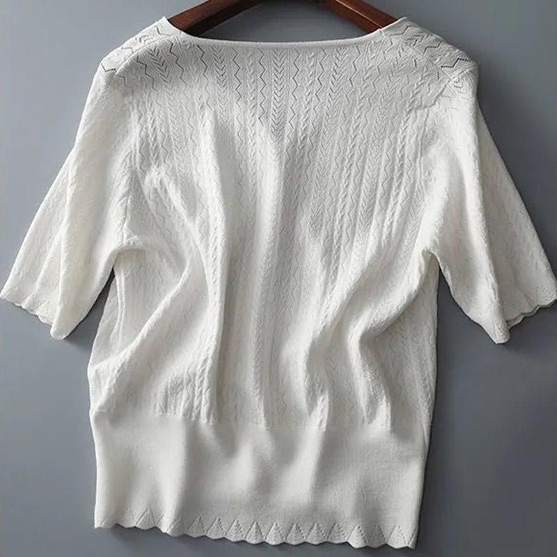 Women Sweaters Cardigans 2025 Summer Short Sleeve V-Neck Black White Knitted Sweater Women Tops Cardigan JJ314