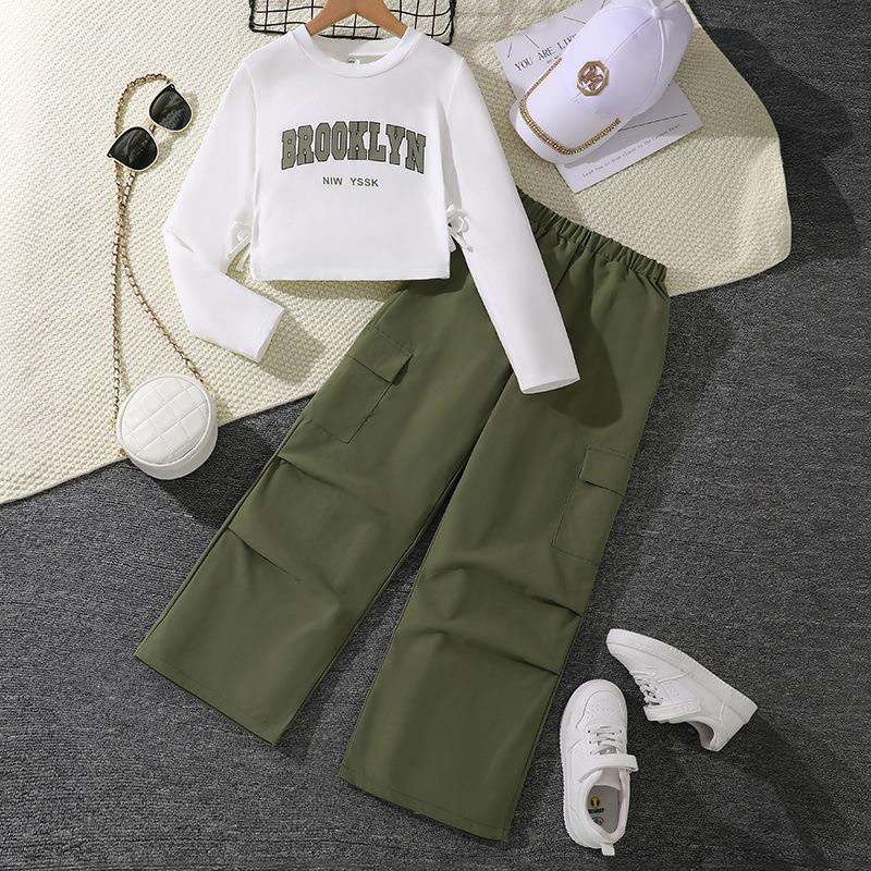 Mädchen Big Kids 2-teiliges Set Buchstabendruck Langarm-Sweatshirt mit Cargohose Amerikanischer Stil Lässiges Outfit für Frühling Herbst