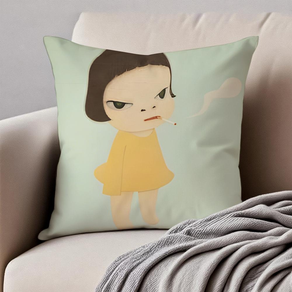 Whimsical Cute Japanese Art YYoshitomo Nara Cushion Cover Pillowcase Antidustmite Invisible Zipper Short Plush Sofa Cushion