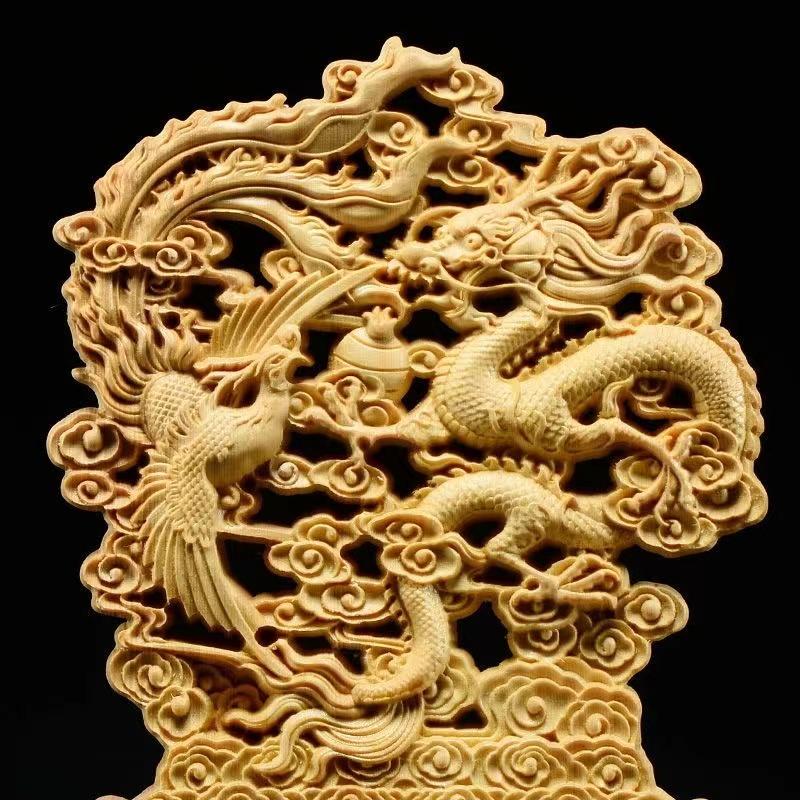 Wood Carving  Dragon, Phoenix Decorative Statue Chinese Mascot Mythical Beast Home and Office Decoration Ornaments
