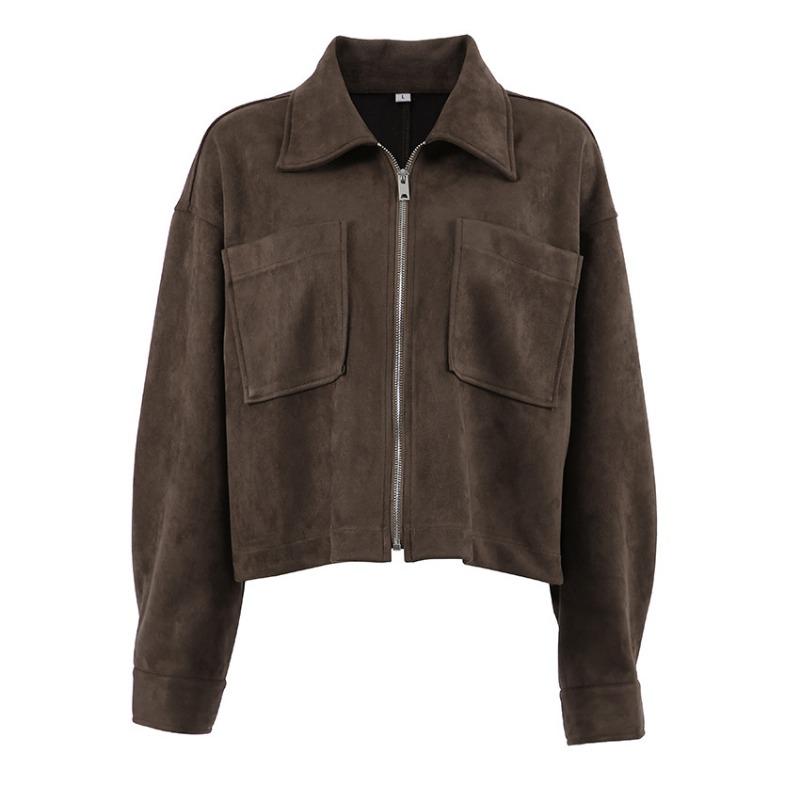 Women Vintage Loose Brown Suede Jacket Casual Fashion Outerwear For Ladies