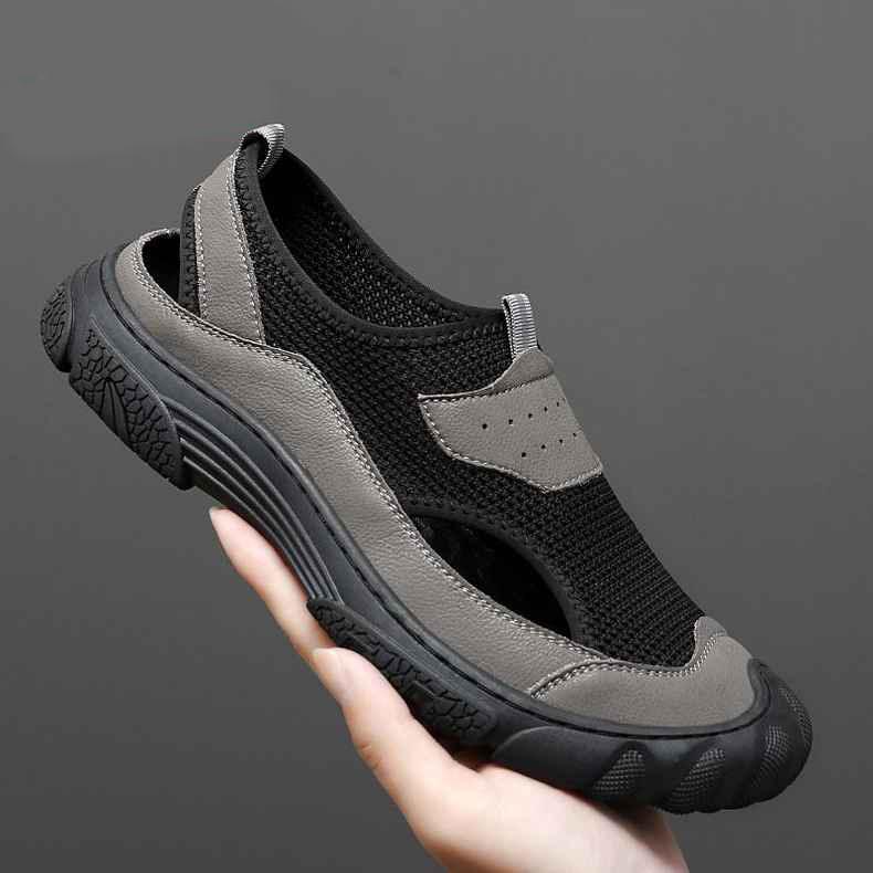 Summer new cowhide mesh hollow shoes one shoe two wear cowhide sandals one pedal men's driving shoes