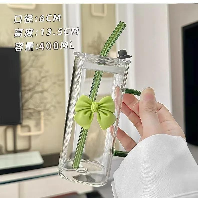 Butterfly-decorated Matcha Glass Versatile High Temperature Resistant With Lids Handle Straw Cup For Coffee Juice Milk