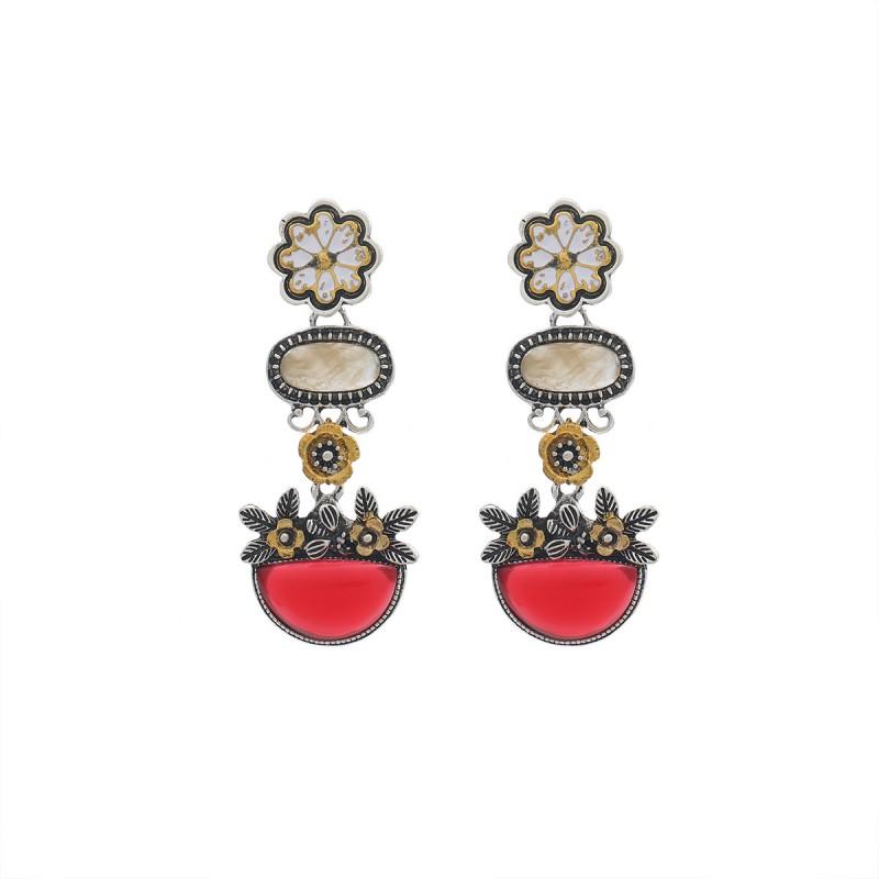Layered Floral Drop Earrings Women Gold Bohemian Style Zinc Alloy Stainless Steel Studs Gold