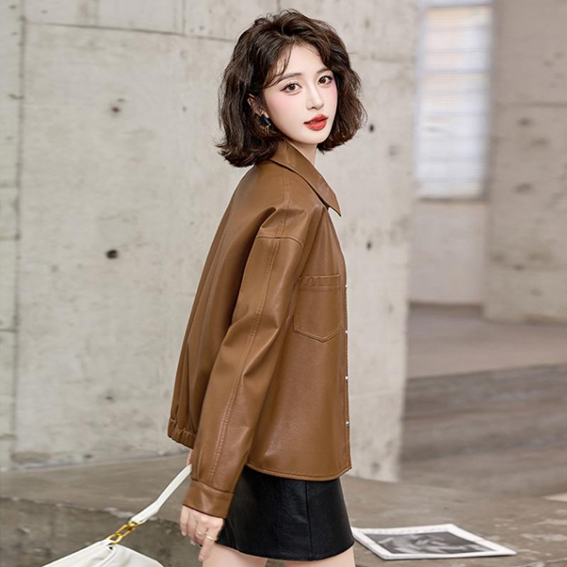 Spring and Autumn New Leather Jacket Women's Fashion Casual Loose and Thin Single-breasted Leather Jacket Trendy
