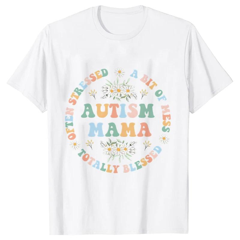 Women's Fashion T-shirt Autism Mama Printed Tshirts Fashion Casual Short-sleeved Tee Shirt Autism Awareness T Shirts for Women