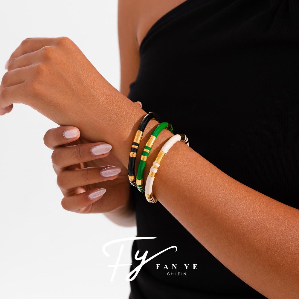 Retro Bamboo Enamel Stainless Steel Open Bangle - Women's European & American Luxury Jewelry