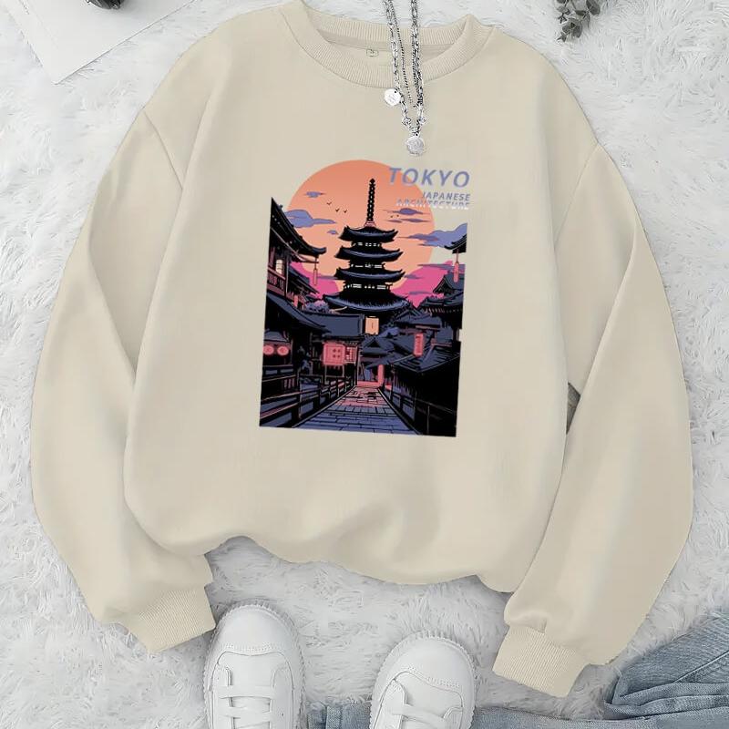 Women s Fashion Printed Crew Neck Sweatshirt, Casual Gatherings XXL бежевый