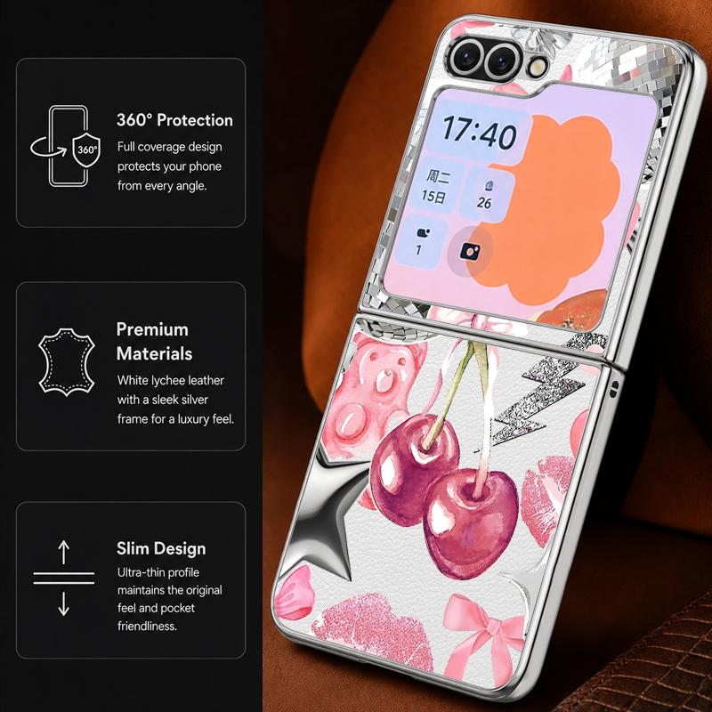 Polka Dot Cherry Print Case For Samsung Z Flip 8 7 6 5 Luxury Plating Leather Skin Folding Phone Cover For Galaxy Z Flip8 Flip7 Flip6