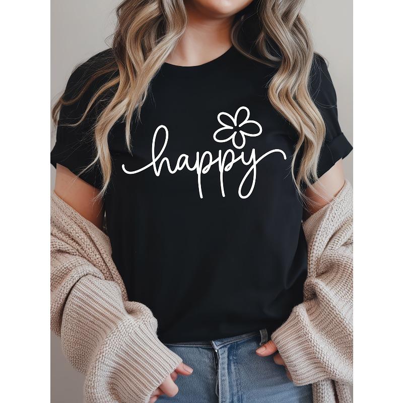 

Womens Happy Floral Graphic Tee Round Neck Short Sleeve Lightweight Comfortable Fit Machine Washable Black White Print Casual Top S чёрный