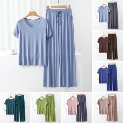 Women's 2 Piece Pajamas Set Casual V Neck Short Sleeve Pullover Tops Wide Leg Pants Set Summer Lounge Wear Outfits
