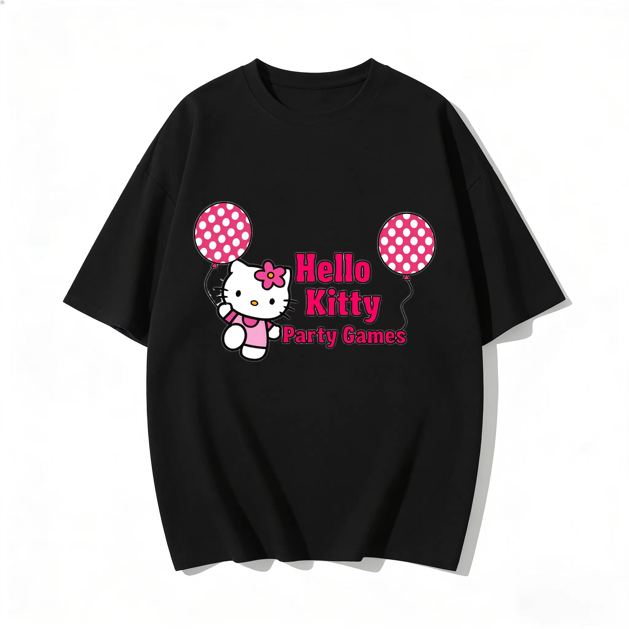 2026 New Hello Kitty Party Games Balloon Cartoon Print Tshirt Family Matching Outfits Casual Short Sleeve Tee for Women Unisex Kid S