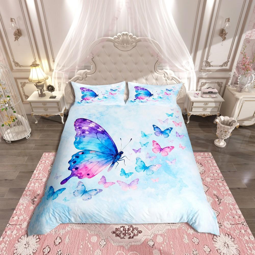 Homewish Blue Pink Butterfly Duvet Cover Set,Romantic Dreamy Animal Bedding Set,Teens Girls Kids Female Reversible Bed Set