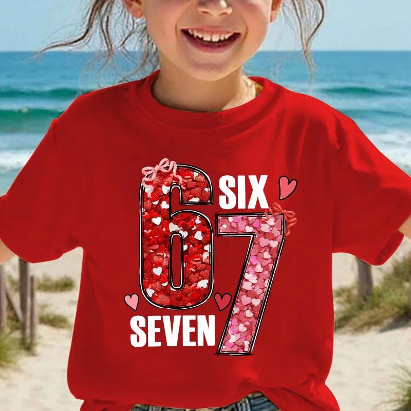 Valentine'S Day Summer Fashion Girls' Short Sleeve T-Shirt, Number Heart Cartoon Pattern Print Casual Versatile Top