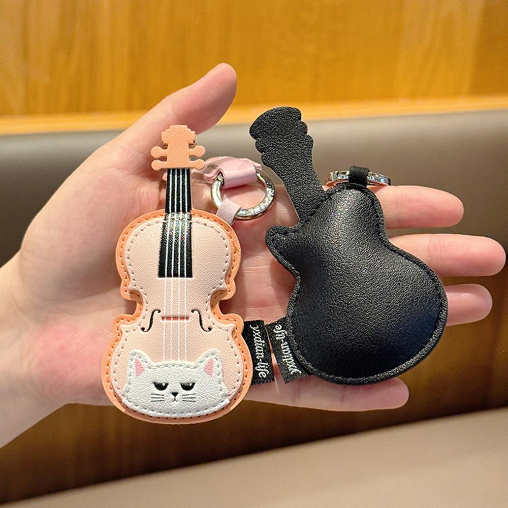 High-End Customizable Cat Guitar Leather Keychain Pendant