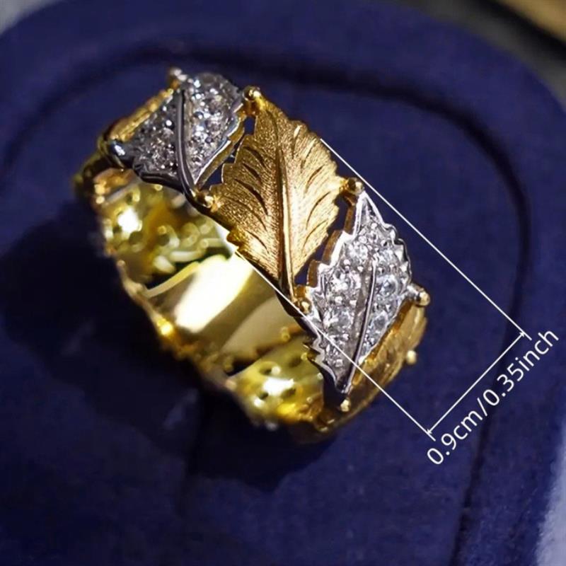 Huitan Two Tone Women Ring Aesthetic Leaf Design Elegant Wedding Party Accessories Inlaid Shining CZ Fashion Luxury Jewelry Gift