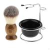 Wood Shaving Brush + Stainless Steel Holder Stand Soap Mug Bowl Set