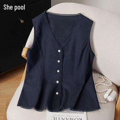Women's V-Neck Linen Blend Ruffle Hem Vest