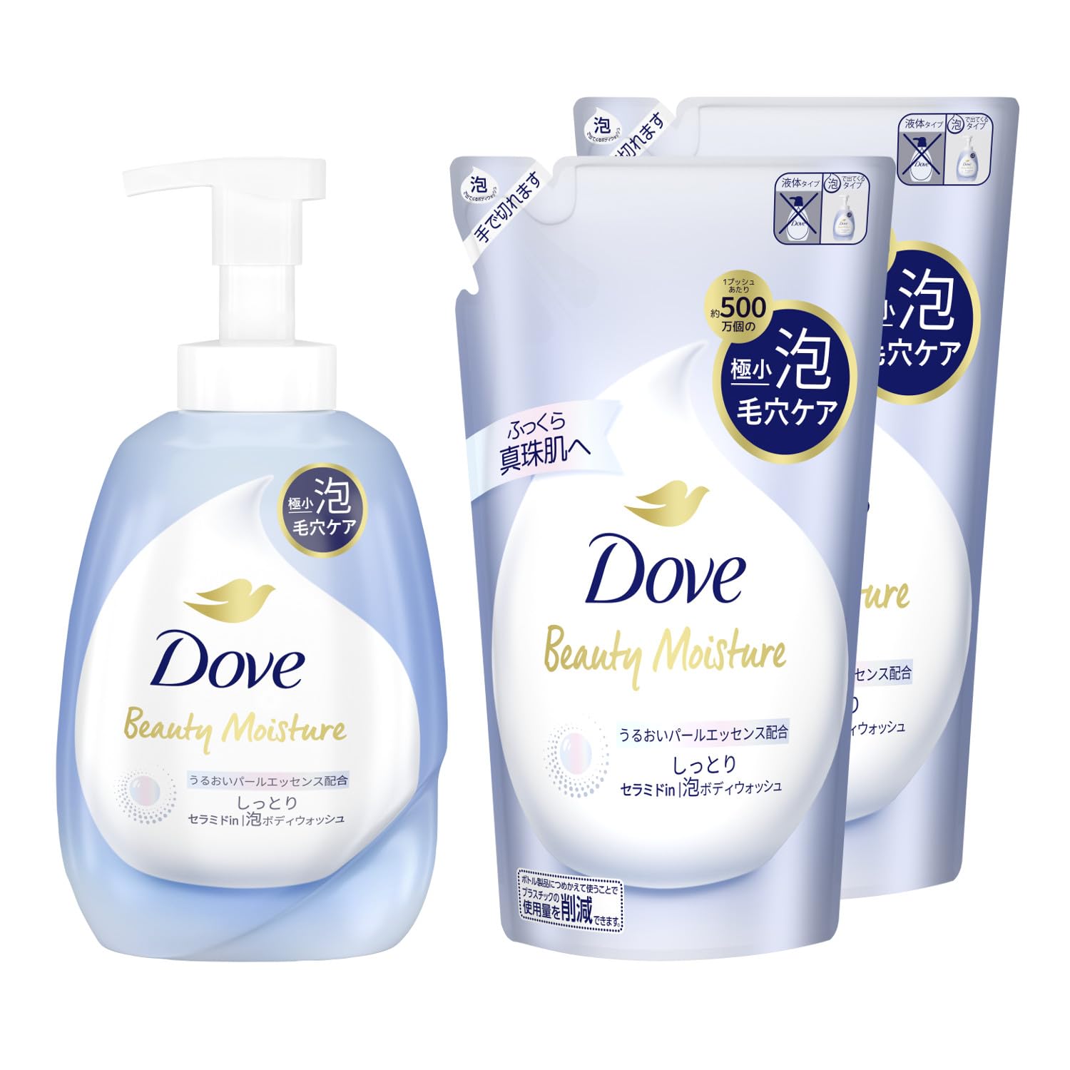 Dove Beauty Moisture Foaming Body Wash (Moisturizing) - Bottle + Refill Set (540g + 430g x 2) - Body Soap