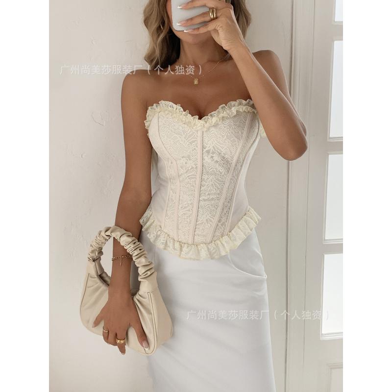 Rein verführerischer Stil für heiße Girls Nische High-End Spitzen-Patchwork Taillenbetonendes Schlankmachendes Trägerloses Oberteil Für Damen