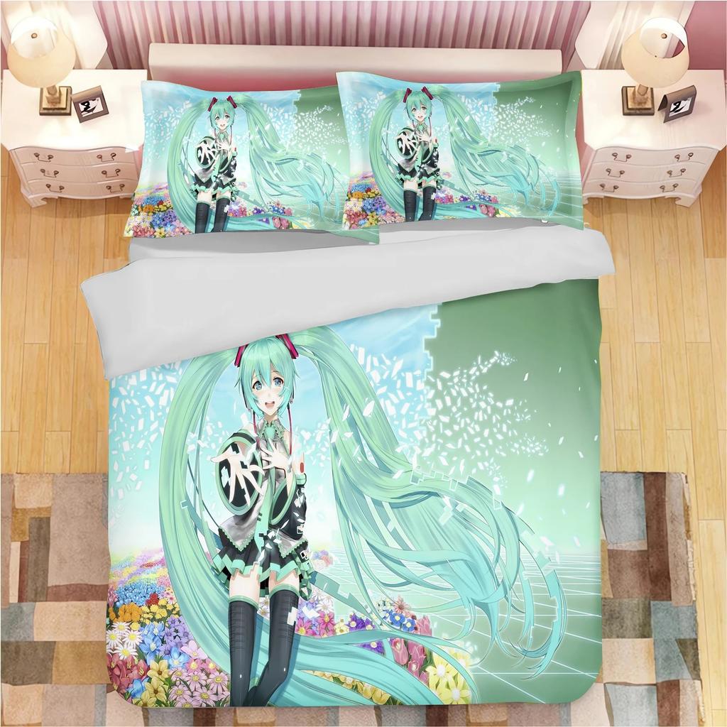 3D Print Japanese Catoon Kawaii H-Hatsune M-Miku Bedding Set 3piece Duvet Cover Pillowcase for Teen Girls Room Decor Gifts