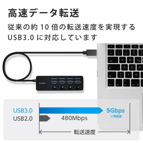 ELECOM USB Hub U3H-S418BBK/EC Port USB 3.0 A x 4 Sběrnice napájený magnetickým spínačem Délka kabelu 1,0 m Černá Kompatibilní s MacBook/Surface/Chromebook a