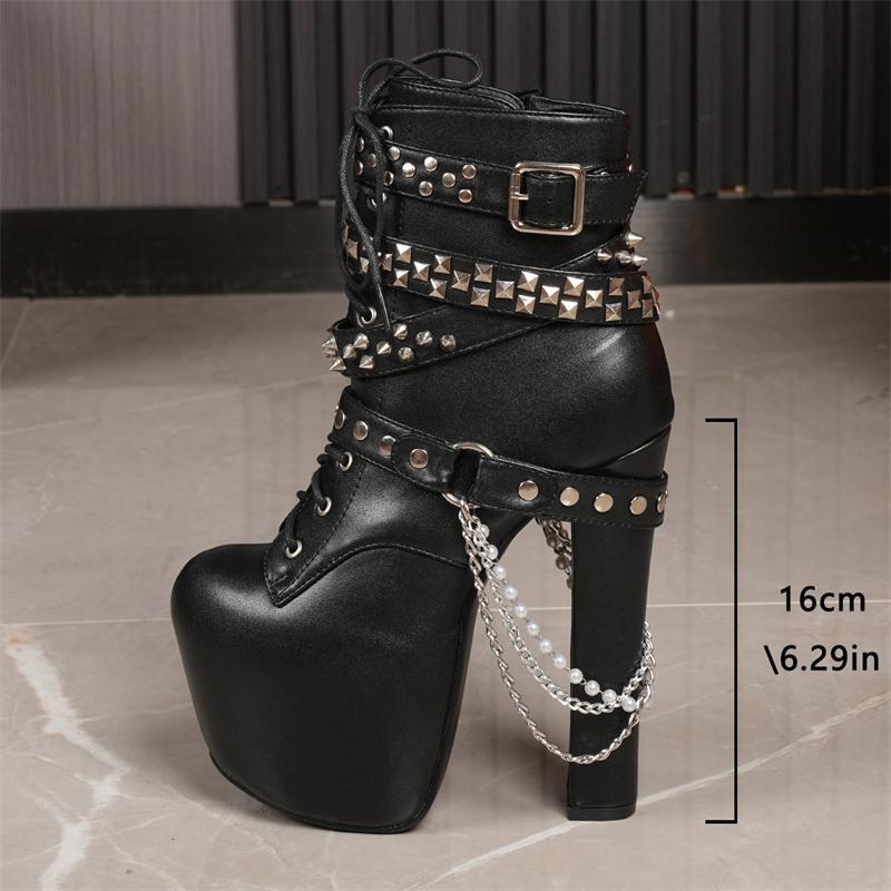 Women's 13cmUltra High Heels Ankle Boots Trend Rivet Silver Chain Platform Short Boots Women Punk Style Chunky High Heels Shoes