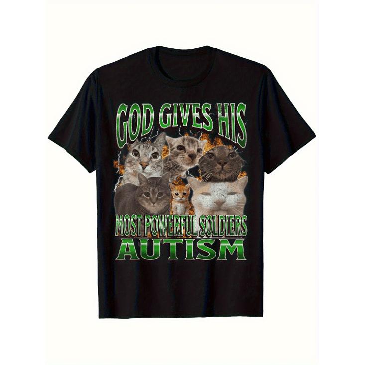 GOD GIVES HIS MOST POWERFUL SOLDIERS Autism Cat Faces Graphic T-Shirt - Eye-catching Black Tee with Distressed Green and White Text, Featuring S чёрный