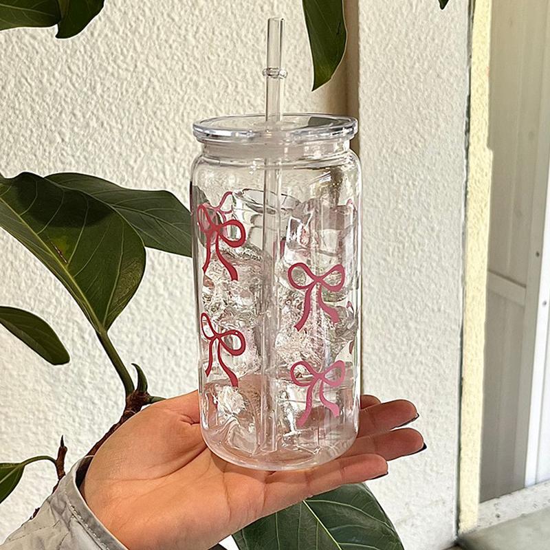 500ml Roztomilý Plastový Hrnek S Mašlí, Víčky a Brčkem, Tvarovaný Jako Zavařovací Sklenice, Hrnek na Kávu, Láhev na Vodu, Party Dárek Pro Ledovou Kávu, Hrnek na Džus