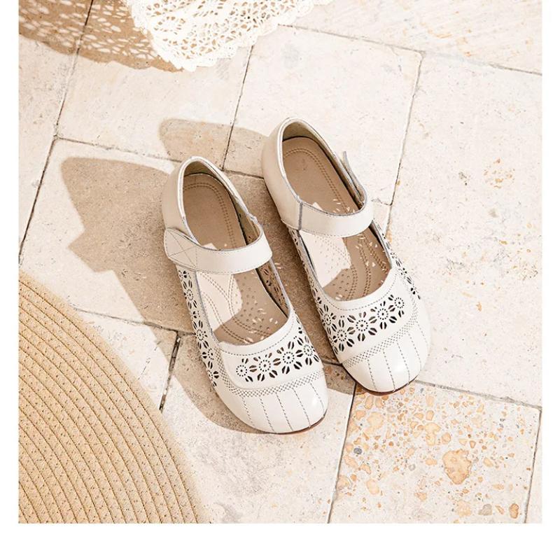 Johnature Genuine Leather Soft Soled Sandals Shallow Breathable Casual Hollow-out Women's Shoes