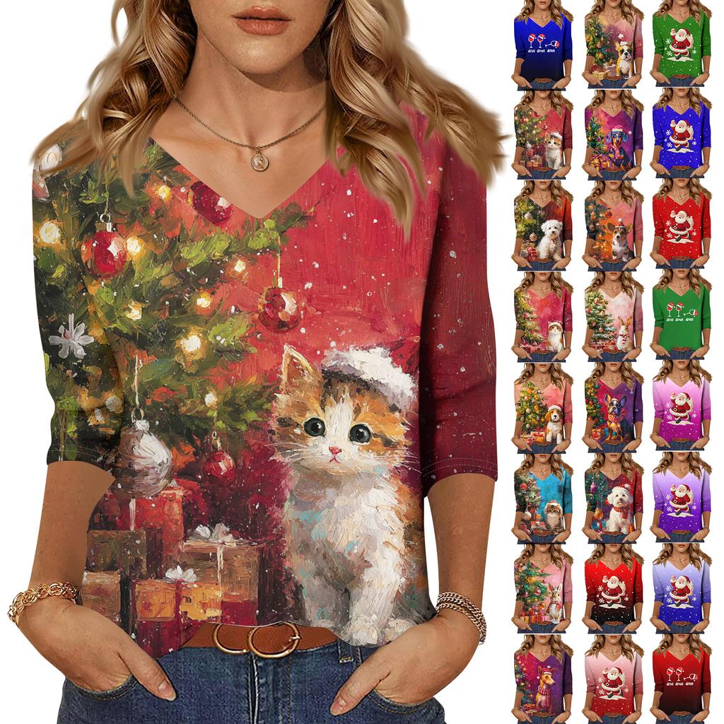 3/4 Sleeve Shirts For Women Print Christmas Tees Blouses Casual Plus Size Basic Tops Pullover