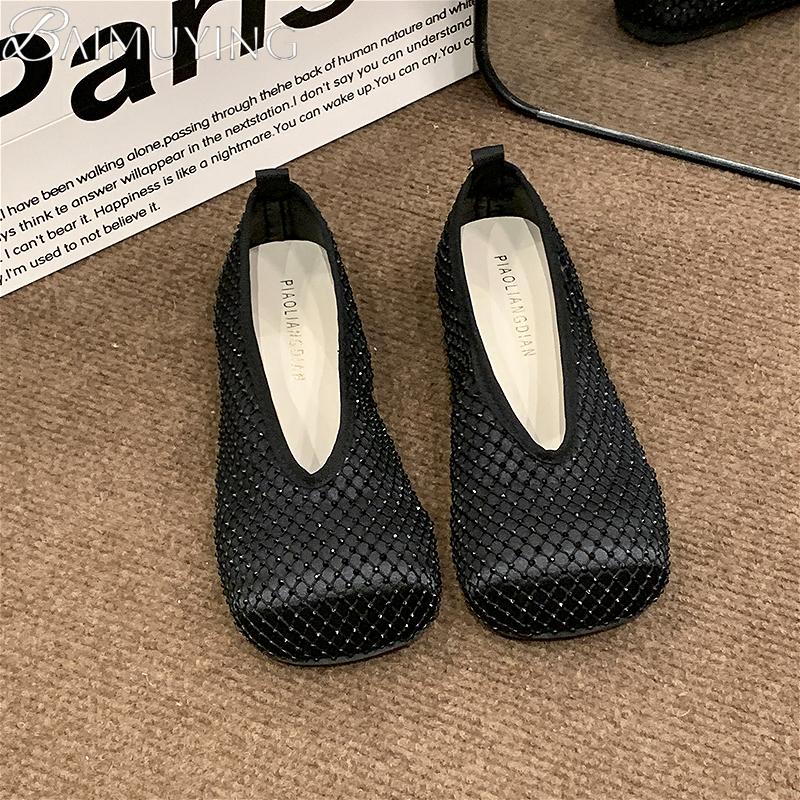 Fashion Flats Ballet Shoes Women Sandals Mesh Crystal Square Toe Mary Jane Summer New 2025 Design Shallow Loafer Dress Casual Sandalias