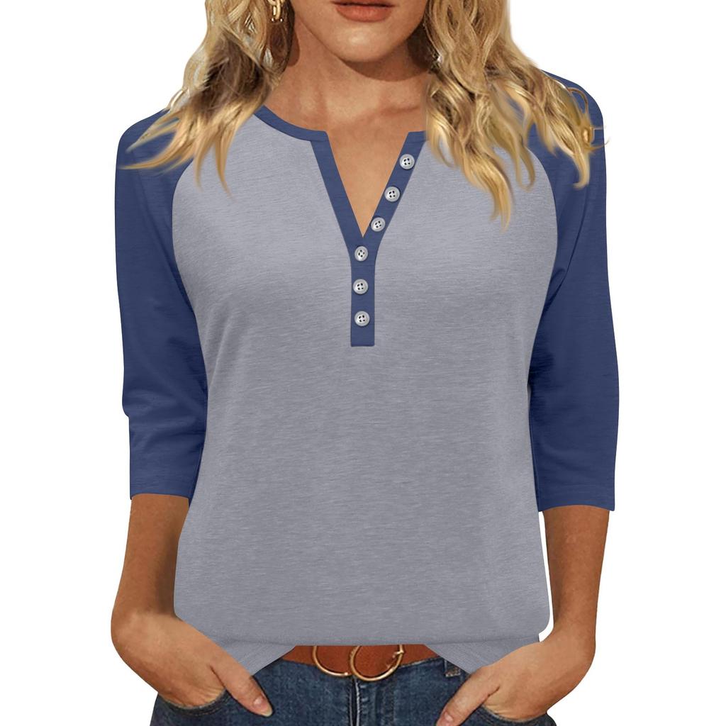 Women's T Shirt Print Button 3/4 Sleeve Daily Weekend Fashion Basic V- Neck Regular Top