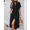 Women's Casual And Fashionable Solid Color V-Neck Pocket Button Drawstring Short Sleeved Dress