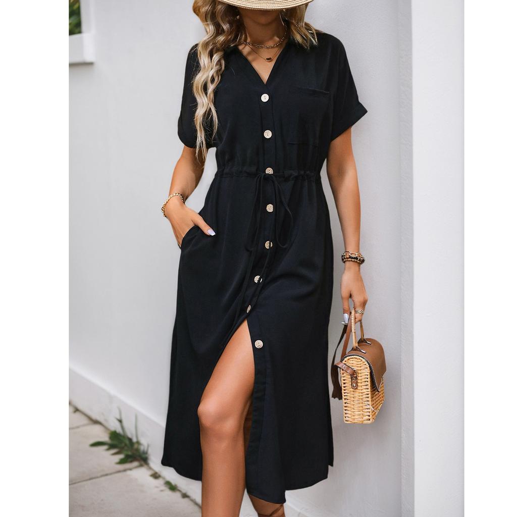 Women's Casual And Fashionable Solid Color V-Neck Pocket Button Drawstring Short Sleeved Dress