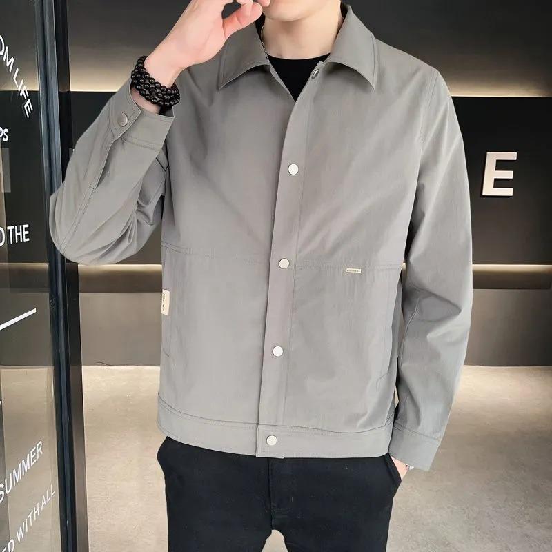 

Autumn Winter Korean Solid Color Lapel Jacket Men s Casual All-match Coat Button Cardigan Lapel Top S серый