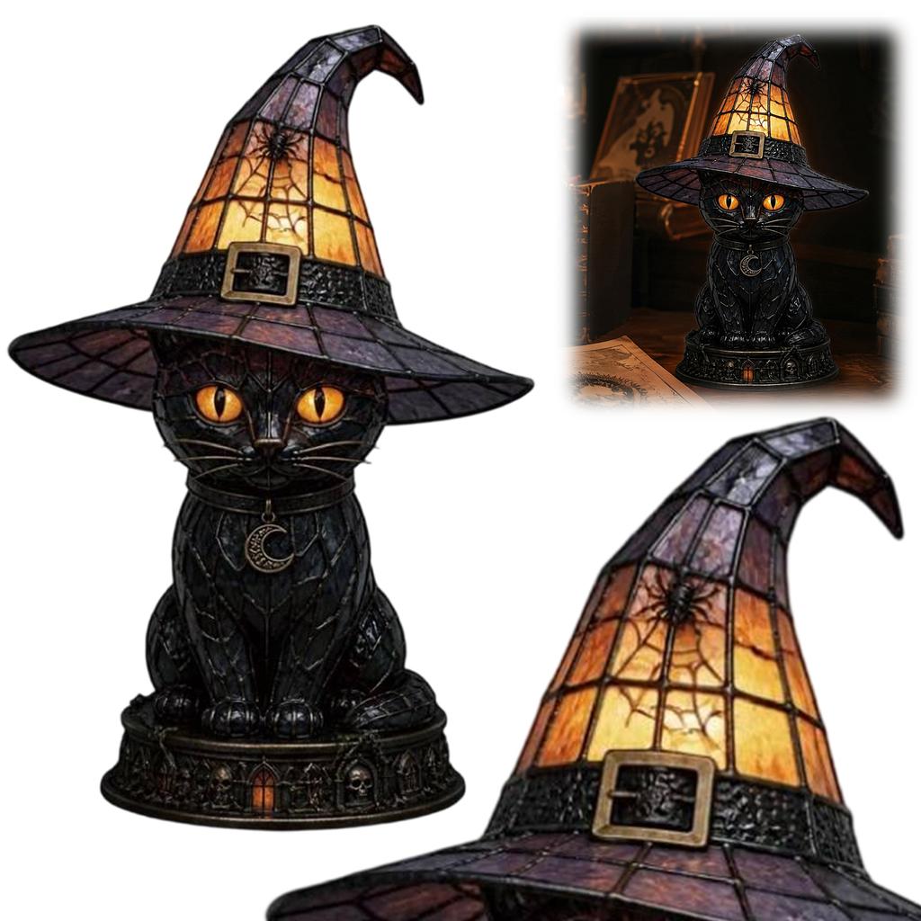 Gothic Cat Wizard Hat Night Light with Moon Pendant Colorful Witch Hat Desktop Lights for Halloween & Year-Round Home Decors