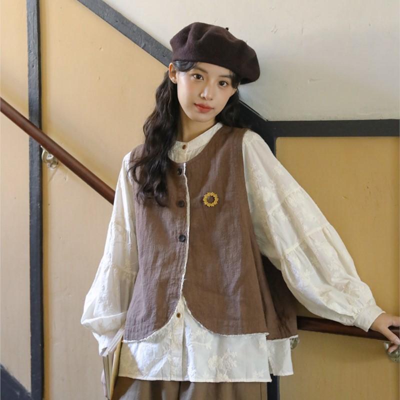 Johnature Forest Style Embroidered Shirt For Women Spring French Retro Casual Women Tops