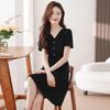 Summer 2026 Hepburn-Style V-Neck Slimming Little Black Dress with Puff Sleeves